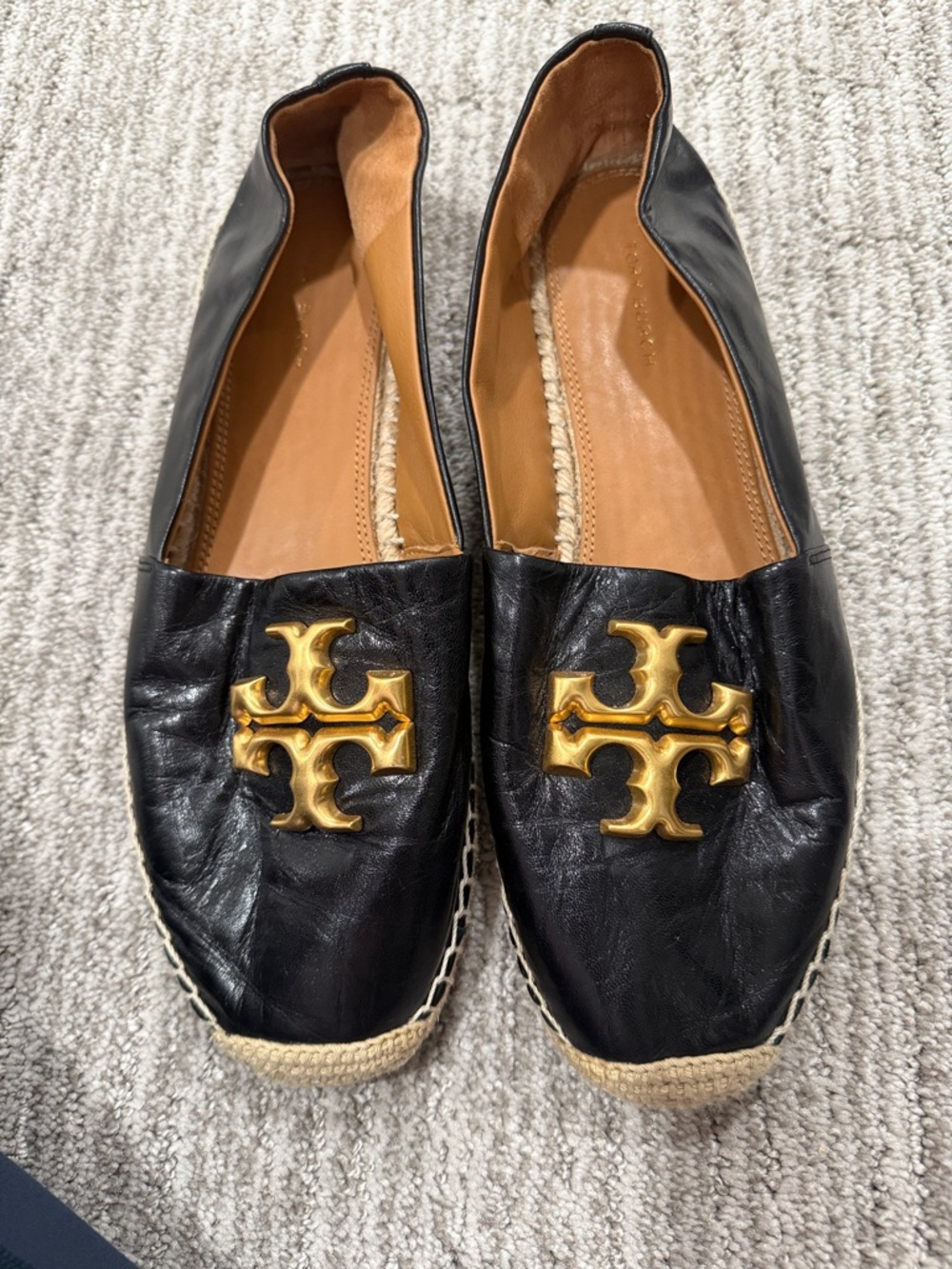 Tory Burch Black Leather Espadrilles with Gold Logo Emblem